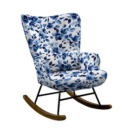 Fauteuil à Bascule Élégant HOMEMIYN - Design Mid-Century avec Motif Bleu et Blanc sur Tissu Toile