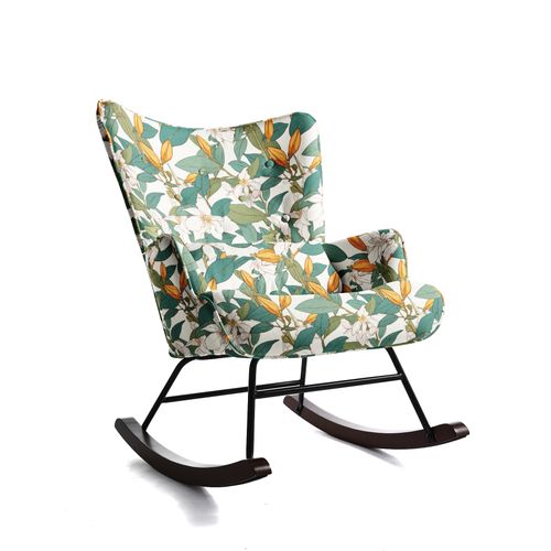 Fauteuil à Bascule Élégant HOMEMIYN - Design Mid-Century avec Motif Lys sur Tissu Toile