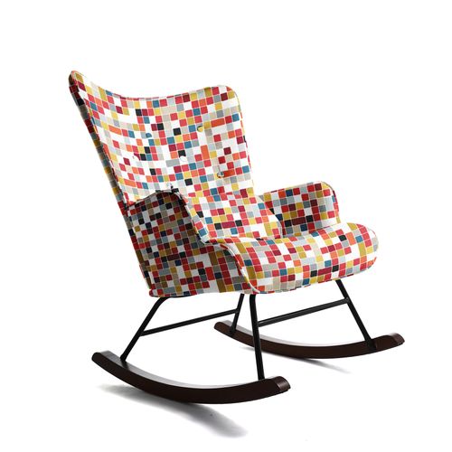 Fauteuil à Bascule Élégant HOMEMIYN - Design Mid-Century avec Motif Mosaïque sur Tissu Toile