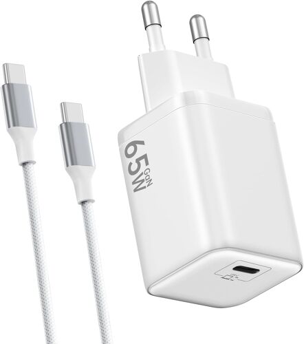 Chargeur USB C 65W, Charge Rapide PD3.0 PPS, GaN II avec Câble Tressé 2M, Compatible pour MaxBook Pro/Air, pour Samsung Galaxy S25/S24/S23 Ultra, pour iPhone 17/16/15(Blanc)