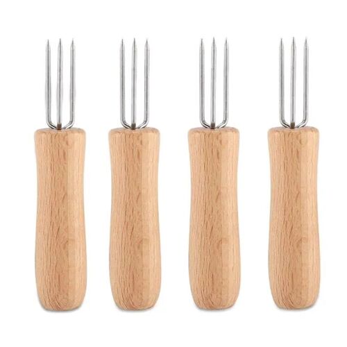 Porte-Maïs Avec Manche En Bois Et Acier Inoxydable, Brochettes Cob Pour Barbecue, Fourchettes À Fruits Anti-Brûlure, Outils De Cuisine Pour Pique-Nique De Jardin En Plein Air, 2/4 Pièces 4pcs