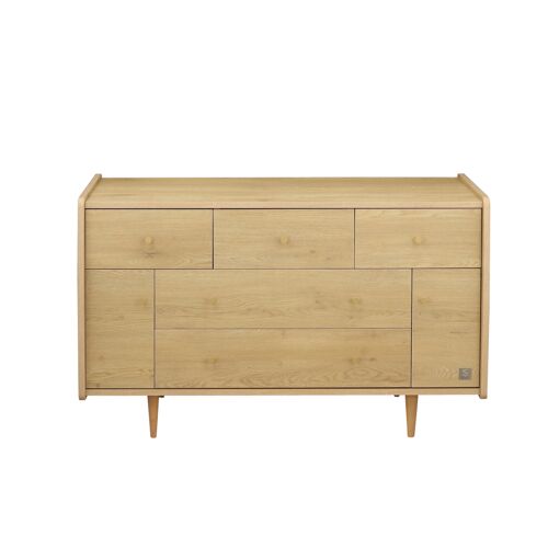 Commode 5 Tiroirs Et 2 Portes Décor Chêne Vintage Poignées Dorées