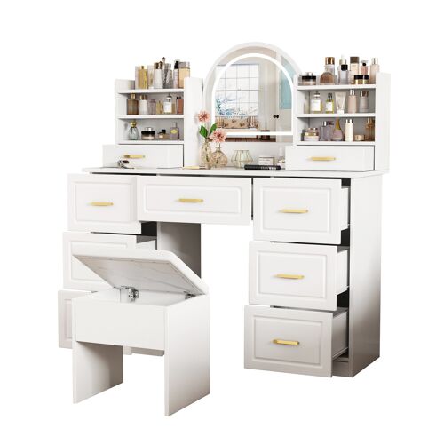 Coiffeuse avec Miroir LED Intelligent,3 Couleurs Tactile,9 Tiroirs,120x40x135 CM,Anti-Basculement,Blanc