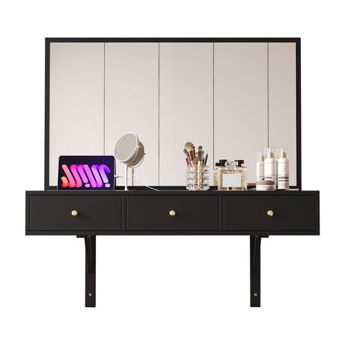 Coiffeuse murale avec miroir,3 tiroirs et prises intégrées,support pour tablette,porte-verres,100×105×45 cm,Noir