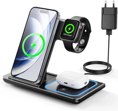 Station de Charge 3 en 1, Chargeur Induction Iphone pour IPhone 17/16/15/14/13/12/Pro/Max, Station Charge Apple pour Apple Watch, Charging Station sans Fil pour AirPods 2/3/Pro(Noir)