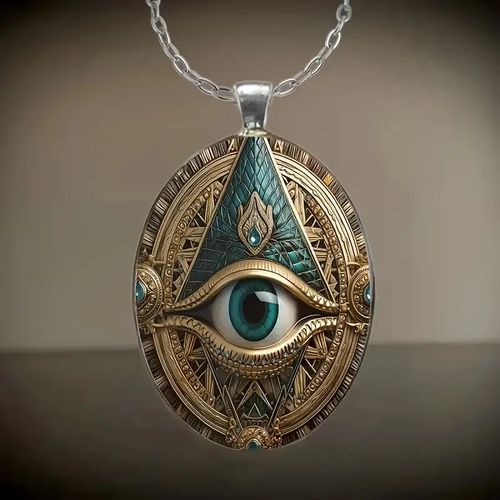 Collier Pendentif Eye Print À La Mode - Alliage Plaqué Argent Avec Mosaïque De Verre Design Élégant Talisman Elliptique