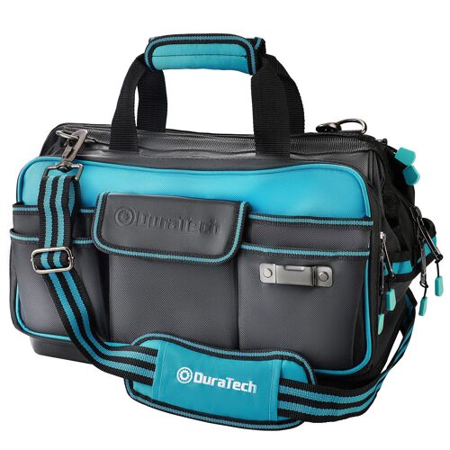 Sac à Outils 43CM avec Ouverture Large, DURATECH, Grand Sacoche à Outils en Tissu Oxford 840D avec 32 Poches, Fond Moulée Etanche, Bandoulière Réglable, et Conception à Clip