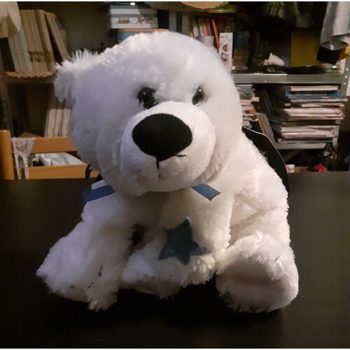 🧸 Peluche Ours Blanc Marionnaud – 34/35 cm – Avec cape bleue étoilée ?