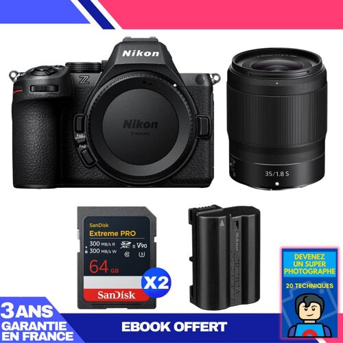 Boitier Nikon Z5 II + 35mm f/1.8 S + 2 SanDisk 64GB Extreme PRO UHS-II SDXC + Nikon EN-EL15c + Ebook 'Devenez Un Super Photographe'