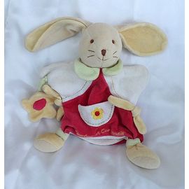 Doudou Plat Marionnette Lapin Rouge Écru Fleur Jaune Doudou Et Compagnie