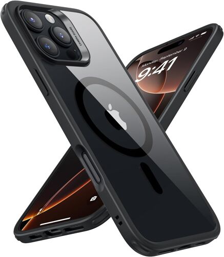 NSIECD-Coque pour iPhone 16 Pro avec Verre Trempé, Coque Mate Translucide avec Protecteur D'écran, Compatible avec MagSafe, Protection de Qualité Militaire, Série Classic, Noir Givré