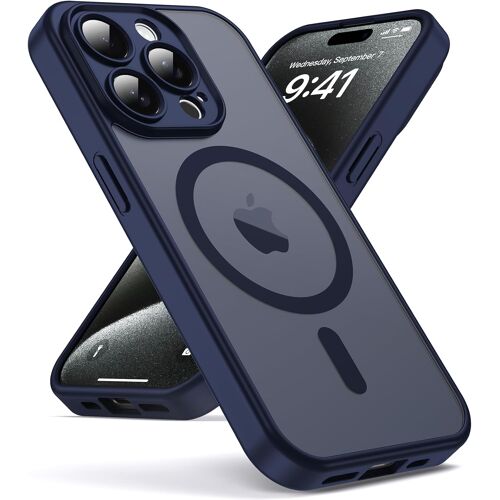 TRAHOO--Coque pour iPhone 15 Pro Compatible avec MagSafe Magnétique, Housse de Arrière Translucide Givrée PC, TPU Silicone Bumper Étui Protection Antichoc Militaire Anti-Empreintes-Navyblue