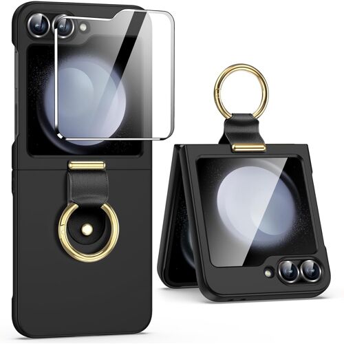 KALANKA-Coque pour Samsung Galaxy Z Flip 6 /Z Flip 7 FE avec Protection D'écran Arrière & Anneau,Étui Housse de Protection en PC Dur,Antichoc Mince Coque pour Samsung Galaxy Z Flip 6 /Z Flip 7 FE,Noi