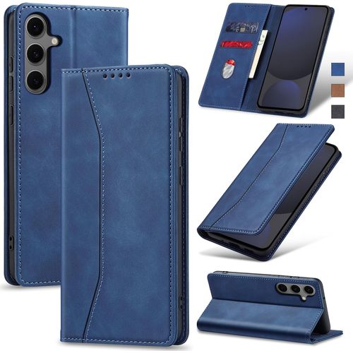 TRAHOO-Coque pour Samsung Galaxy S24 FE, Housse Etui en Cuir PU Portefeuille [Antichoc] [Magnétique] [Porte Cartes] [Stand Fonction] Flip Coque (Bleu)