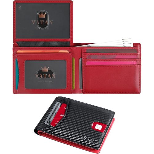 NSIECD-Portefeuille Homme, en Cuir avec Blocage RFID, 15 Emplacements pour Cartes, 2 ID & Photo Window, 2 Compartiment à Billets, Portefeuille pour Homme avec Boite Cadeau (Carbone Noir et Rouge)