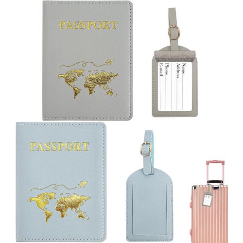 NSIECD-Housse PU Cuir 2Pcs Couvertures 2Pcs Étiquette Valise Protège-Carte Crédit (Bleu, Gris)