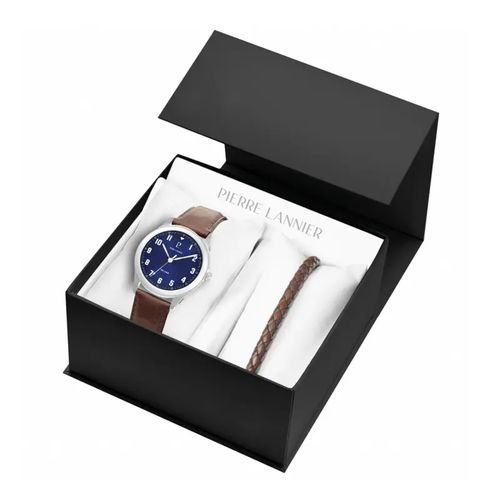 Coffret Montre Pierre Lannier Aviateur Cuir Marron+Bijou