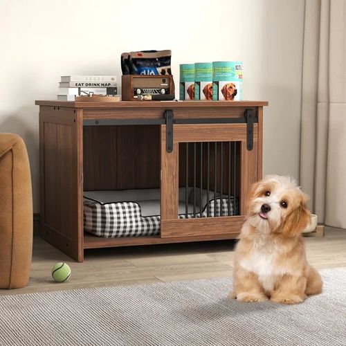 Maison Pour Chien En Bois Costway, Large Plateau, Porte Coulissante, Tubes En Métal Résistants Aux Morsures, Design À Lattes,Marron