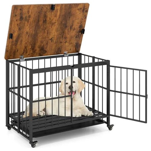 Maison Pour Chien Pliable Costway, Plateau Amovible, Porte, Roulettes Verrouillables, Niche Résistante Aux Morsures, Charge 140 Kg