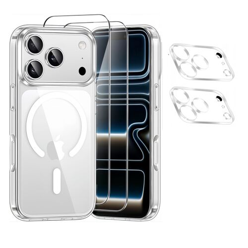 HQSELECTION® Coque Magnétique pour Iphone 17 PRO 6,3 Pouces + 2 Vitre Verres Trempés + 2 Caméra Protecteur ,Compatible Avec MagSafe ,Transparent