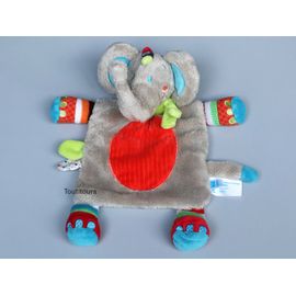 Doudou éléphant plat Tex Baby gris rouge écharpe vert