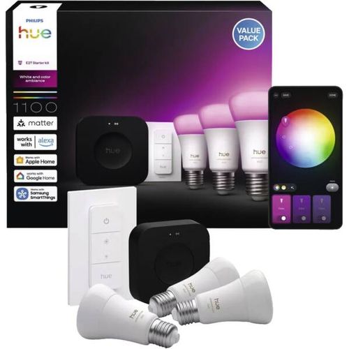 Kit De Démarrage Philips : Trois Ampoules Connectées E27 + Dimmer Switch + Hue Bridge Pro