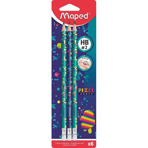 6 Crayons Graphite - Hb - N°2 - Embout Gomme - Ergonomique - Maped - Pixel Party