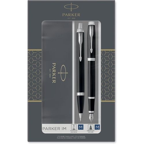 Parker Im Duo Coffret-Cadeau Avec Stylo Bille Et Stylo Plume Laqué Noir Attribut Chrome