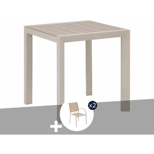 Table De Jardin Carrée Alu Evasion 2 Places Effet Bois Lin Et Argile + 2 Fauteuils Piazza - Hespéride