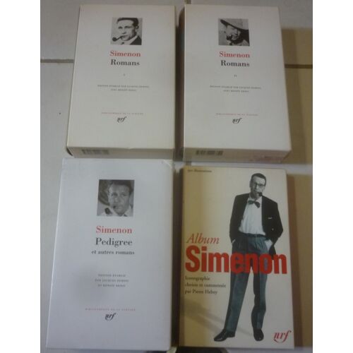 Georges Simenon, Les 4 Tomes De La Bibliothèque De La Pléiade : Romans Tome 1 + Romans Tome 2 + Pedigree Et Autres Romans + Album Par Pierre Hebey