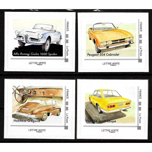 France 2019, Très Belle Série Complète Collector, Voitures De Style, Alfa Roméo Giulia 1600 Spider, Peugeot 504 Cabriolet, Hotchkiss Grégoire Et Fiat 124 Sport Coupé, Autoadhésifs Validité Permanente.