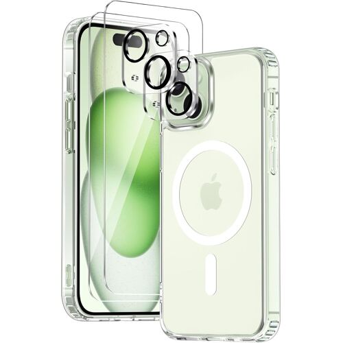 KALANKA-Coque Magnétique pour iPhone 15 Plus avec 2 Verres Trempés et 2 Caméra Protecteur, Compatible avec Mag Safe, Étui Aimantée Anti-Jaune Antichoc Anti-Rayures Dos PC et Bumper TPU, Transparente