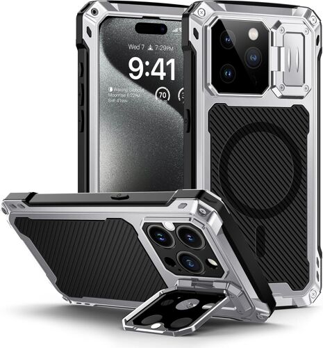 KALANKA-Coque pour iPhone 15 Pro Max, Métal et Rigide [Protection Caméra & Supports] Antichoc Militaire avec du Verre trempé Integrale Indestructible Chantier Etui [Compatible Charge sans Fil] Argent