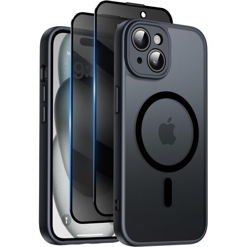 Coque Magnétique Pour Iphone 15 Avec 2 Verre Trempé Anti-Espion, Compatible Avec Magsafe, Étui Mat Translucide Arrière Housse Antichoc Anti-Rayures Pour Iphone 15, Noir