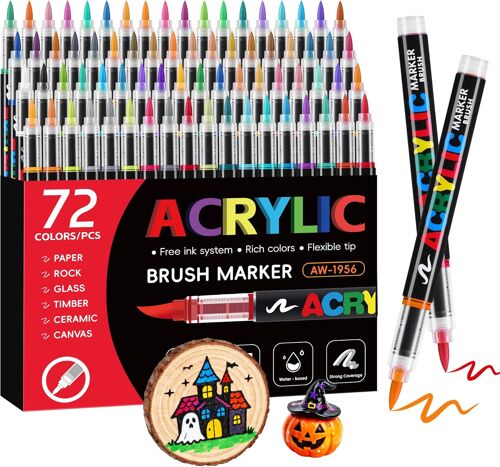 Jexnovashop-Feutre Acrylique, 72 Ecoulement Direct Acrylic Marker Avec Pointe Pinceau, Marqueur Acrylique Intensément Pigmentés Pour Adulte Coloriage, Art Diy Sur Bois, Toile, Céramique & Verre 