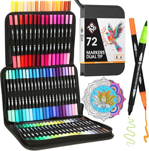 JEXNOVASHOP-72 Feutres Coloriage Adulte - Feutre Double Pointe Fine & Pinceau - Dessin, Croquis, Coloriage, Manga, Mandala, Feutre Aquarelle avec Malette - Sans Trace, Crayon Feutre Coloriage Adulte