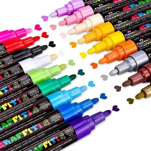 JEXNOVASHOP-Marqueur Peinture Acrylique, 18 couleurs Stylos Permanent Art Set avec 2 Marqueur Métallique Pens Pour Papier, Textile, Verre, Galet, etc.