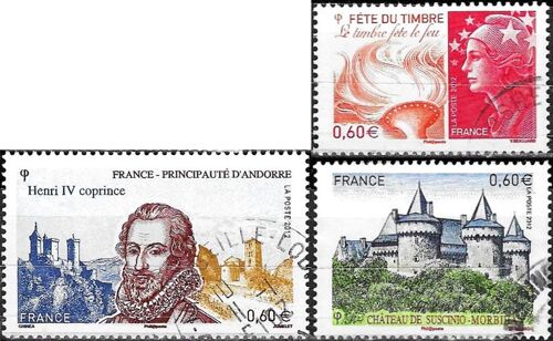France 2012, Beaux Timbres Oblitérés Yvert 4662 Chateau De Suscinio - Morbihan, 4688 Fête Du Timbre, Le Timbre Fête Le Feu Et 4698 Henri Iv, Co-Prince D'Andorre, Tbe.