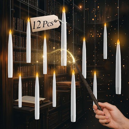 KALANKA-Bougies flottantes avec baguette magique et minuterie (6h) - 12 bougies LED sans flamme volantes avec ficelle et autocollant - Bougies magiques suspendues pour Halloween