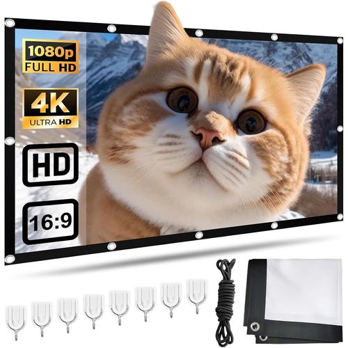 KALANKA-Écran de projection 100"" pour l'intérieur et l'extérieur 16:9 HD 4K double face Écran de film portable pour la maison, le bureau, l'école et l'extérieur