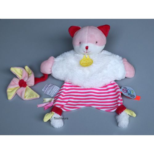 Doudou chat plat Doudou et Compagnie rose blanc Moulin à vent