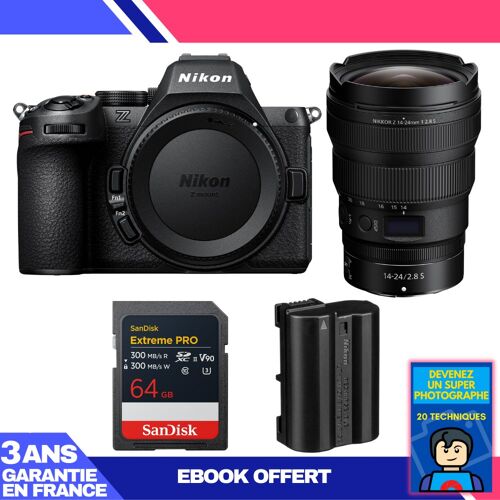Boitier Nikon Z5 II + 14-24mm f/2.8 S + 1 SanDisk 64GB Extreme PRO UHS-II SDXC + Nikon EN-EL15c + Ebook 'Devenez Un Super Photographe'