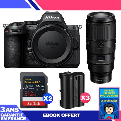 Boitier Nikon Z5 II + 100-400mm f/4.5-5.6 VR S + 2 SanDisk 512GB Extreme PRO UHS-II SDXC + 3 Nikon EN-EL15c + Ebook 'Devenez Un Super Photographe'