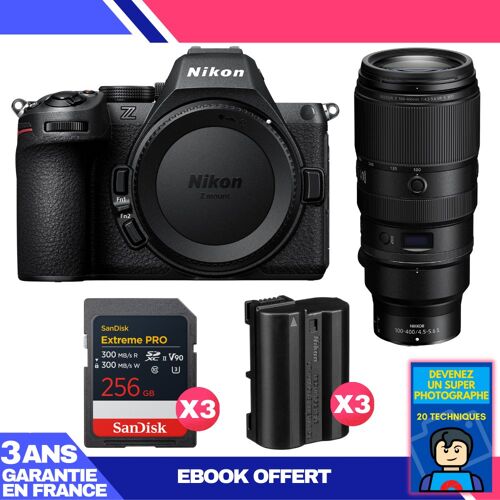 Boitier Nikon Z5 II + 100-400mm f/4.5-5.6 VR S + 3 SanDisk 256GB Extreme PRO UHS-II SDXC + 3 Nikon EN-EL15c + Ebook 'Devenez Un Super Photographe'