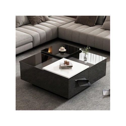 Table basse carrée moderne noire hautement brillante avec étagères incrustées 75*75*33,5cm Black+Particle Board