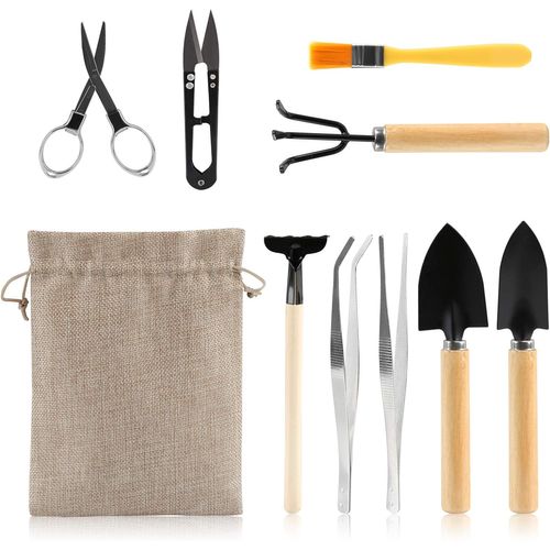 Jeu de 10 outils polyvalents pour jardiner en intérieur/extérieur - Outils lavables adaptés aux plantes grasses/cactus dans un sac pratique
