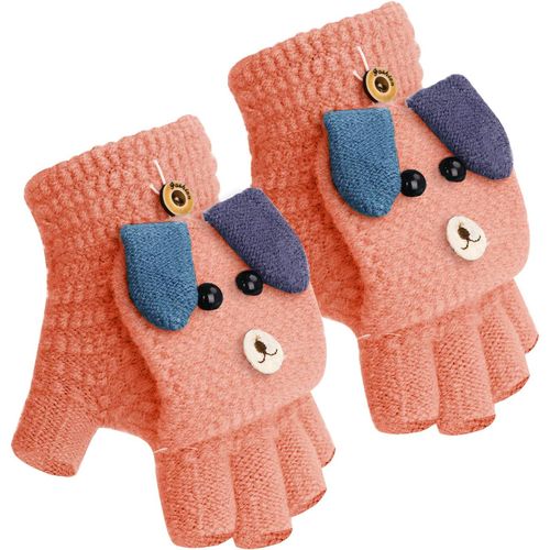 Gants D'hiver Pour Enfants 6-15 Ans, Tricot Élastique Doux Et Chaud, Modèle Demi-Doigt Avec Motif Chien Mignon, Poignet Élastique - Taille Unique (1 Paire)