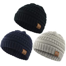 Bonnet Tricoté Doux Et Chaud Pour Bébé Et Tout¿Petit, 3 Pièces, Style Mignon Et Épais, Taille Unique Extensible 16,5¿Cm¿25,4¿Cm, Idéal Hiver, Confortable, Couleur Classique