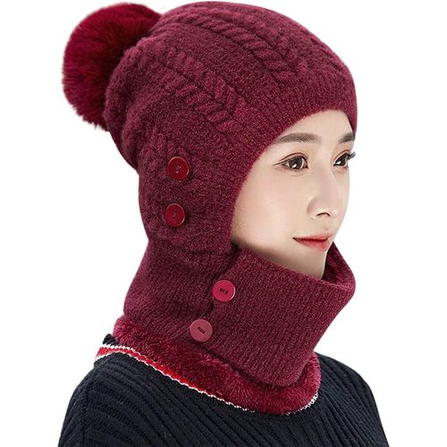 Cagoule Tricotée Femme Avec Pompon - Protection Contre Le Froid Et Le Vent Pour Vélo, Ski, Randonnée, Camping, Hiver - 57-59 Cm, 250 G