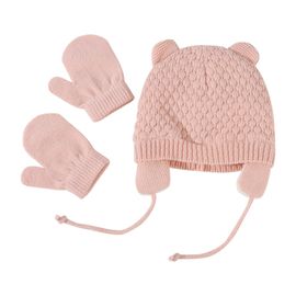 Ensemble Chapeau Et Gants Bébé Hiver Doux Et Chaud En Laine Double Couche Pour 0-8 Mois, Rose (24 Cm X 13 Cm)